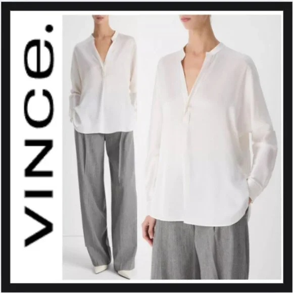 Silk Satin Band-Collar Blouse - Picture 1 of 4